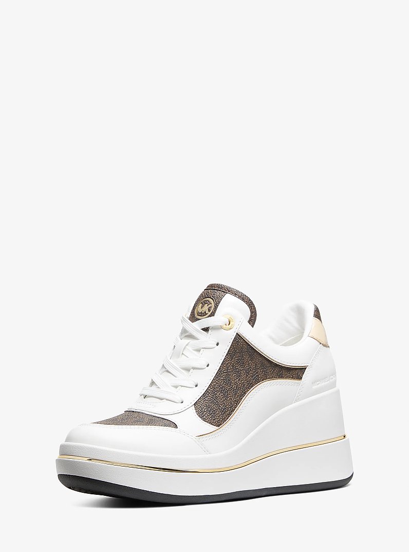 Emmy Signature Logo and Leather Wedge Trainer in BROWN | Michael Kors