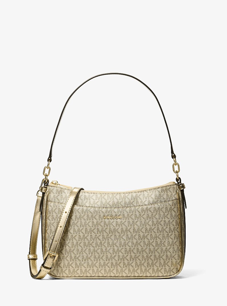 Jet Set Medium Metallic Signature Logo Convertible Crossbody Bag in PALE GOLD | Michael Kors