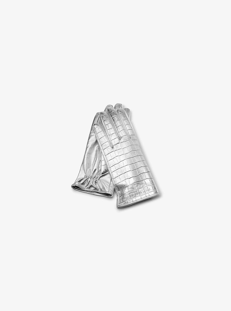 Metallic Crocodile Embossed Leather Gloves in SILVER | Michael Kors