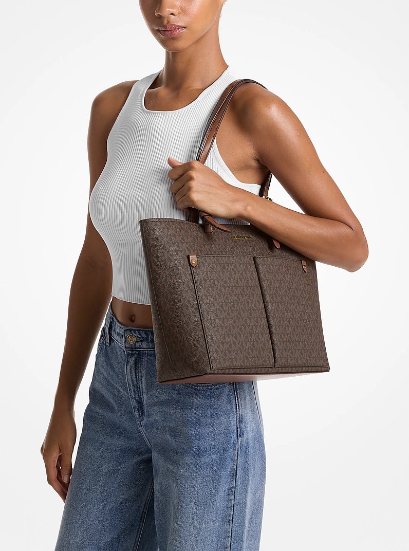Jet Set Medium Logo Pocket Tote Bag in BROWN | Michael Kors