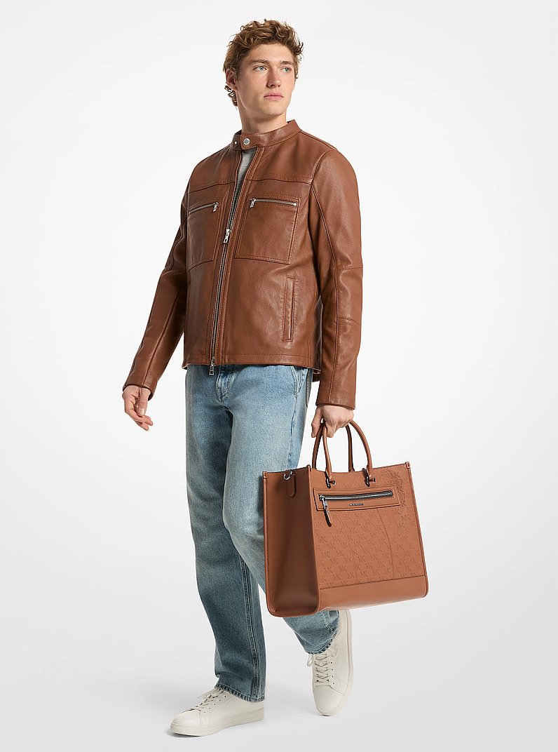 Jet Set Logo Embossed Leather Tote Bag in LUGGAGE | Michael Kors