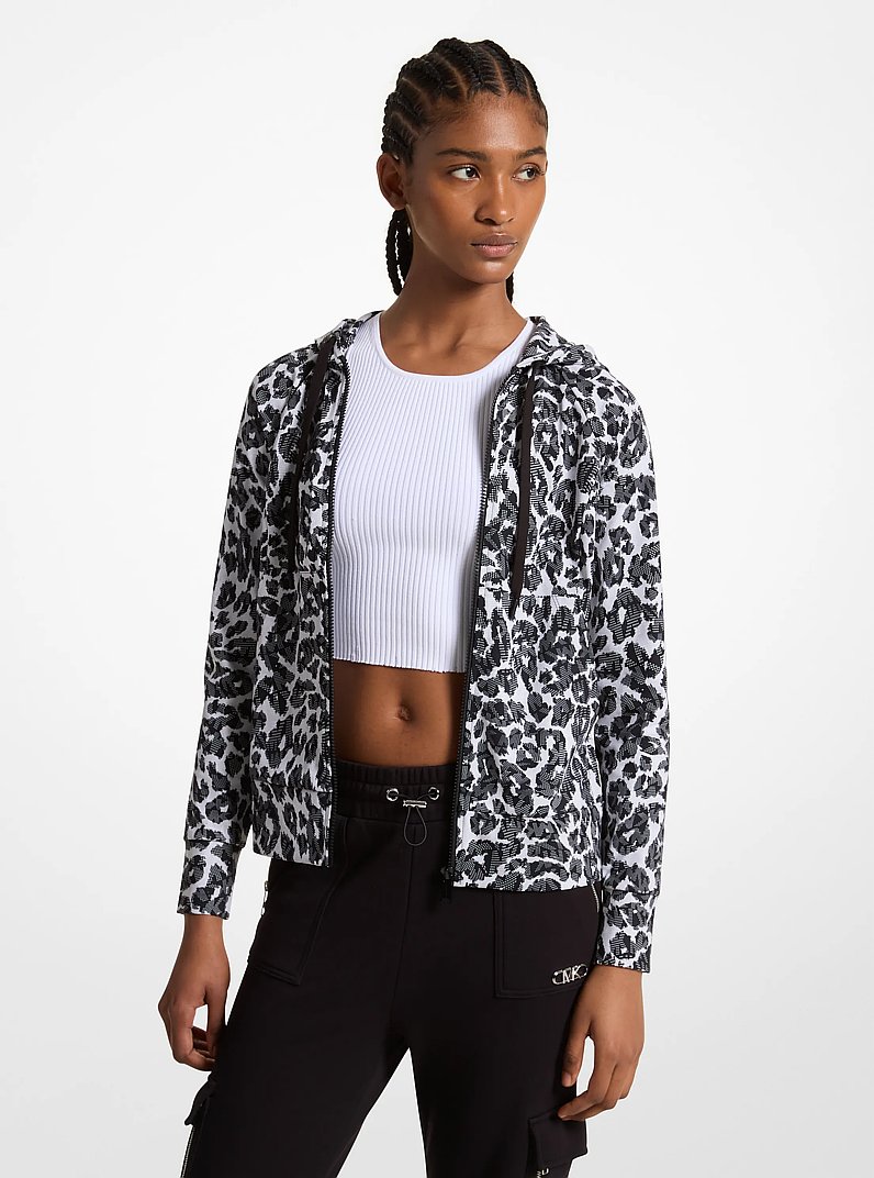 Leopard Logo Stretch Recycled Nylon Zip-Up Hoodie in ALUMINUM | Michael Kors