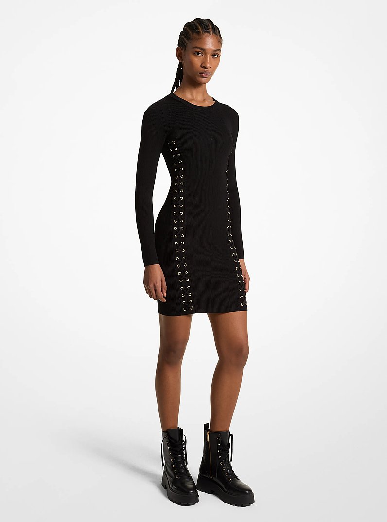 Ribbed Stretch Knit Lace-Up Dress in BLACK | Michael Kors