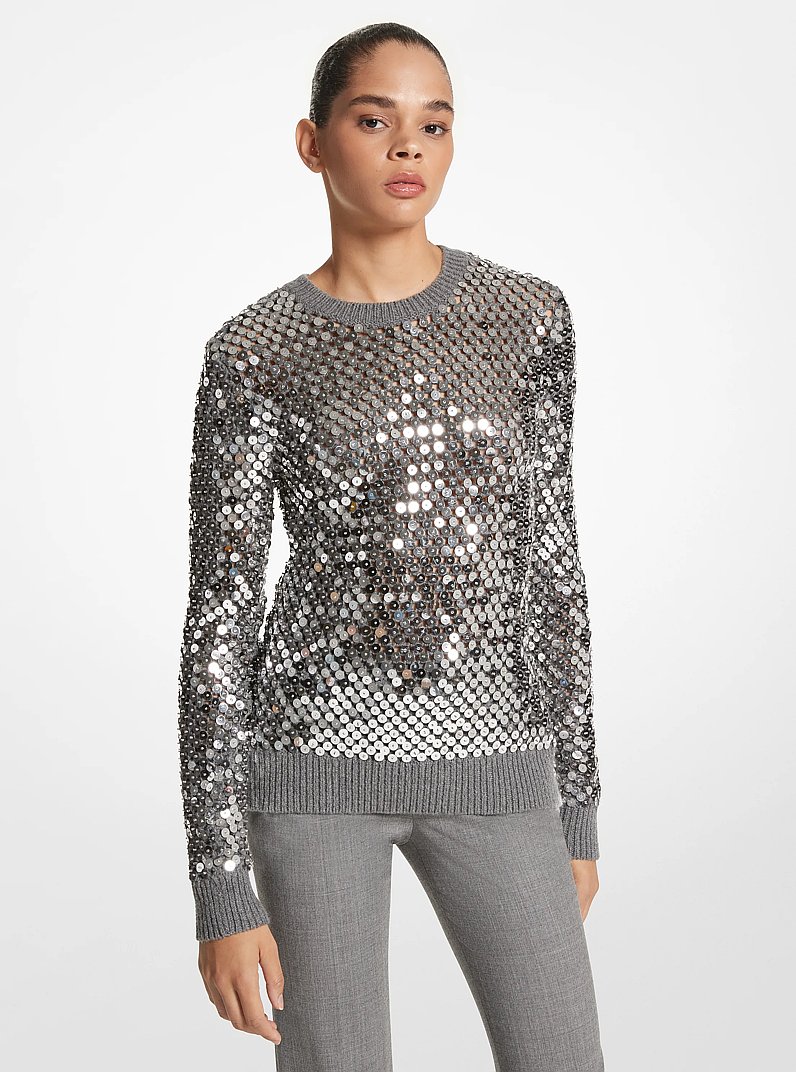 Embellished Crocheted Cashmere Blend Sweater in BANKER GREY | Michael Kors