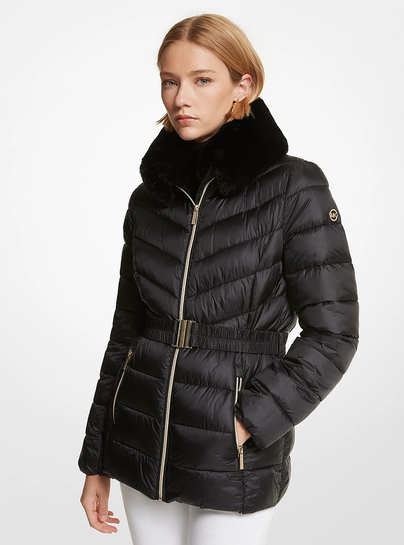 Faux Fur Trim Quilted Nylon Packable Puffer Jacket in BLACK | Michael Kors