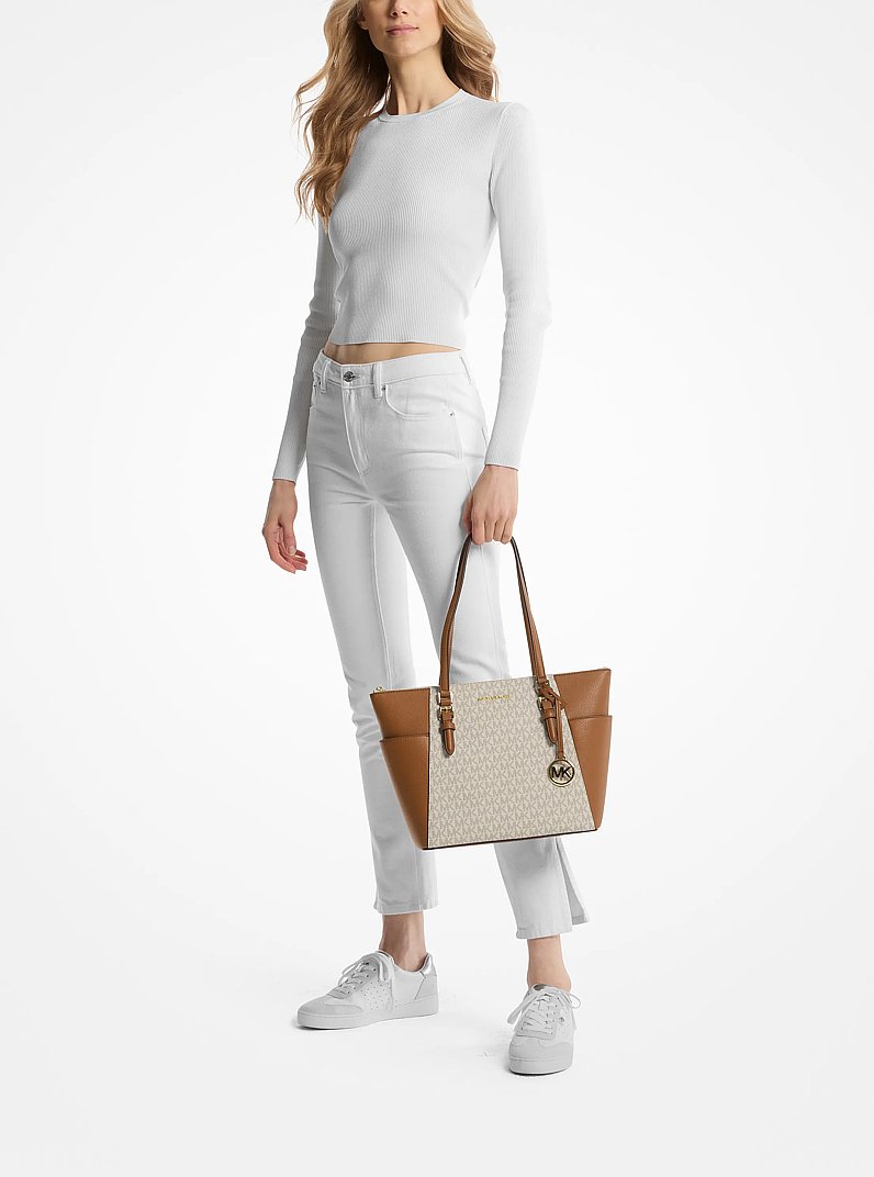 Charlotte Large Logo and Leather Top-Zip Tote Bag in VANILLA | Michael Kors