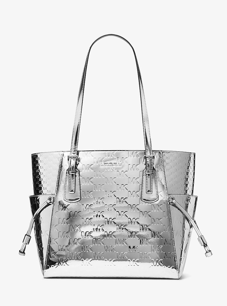 Voyager Large Patent Logo Debossed Tote Bag in SILVER | Michael Kors