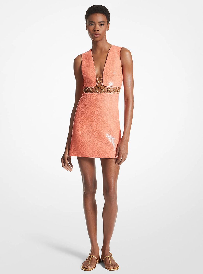 Hand-Embroidered Sequin Double Crepe Sabl&eacute; Ring Dress