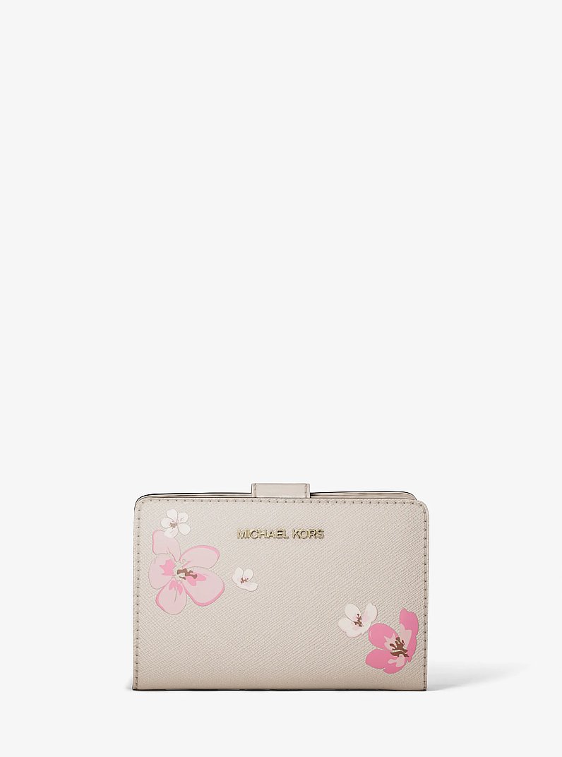 Jet Set Medium Floral Embellished Signature Logo Bi-Fold Wallet in LT CREAM | Michael Kors