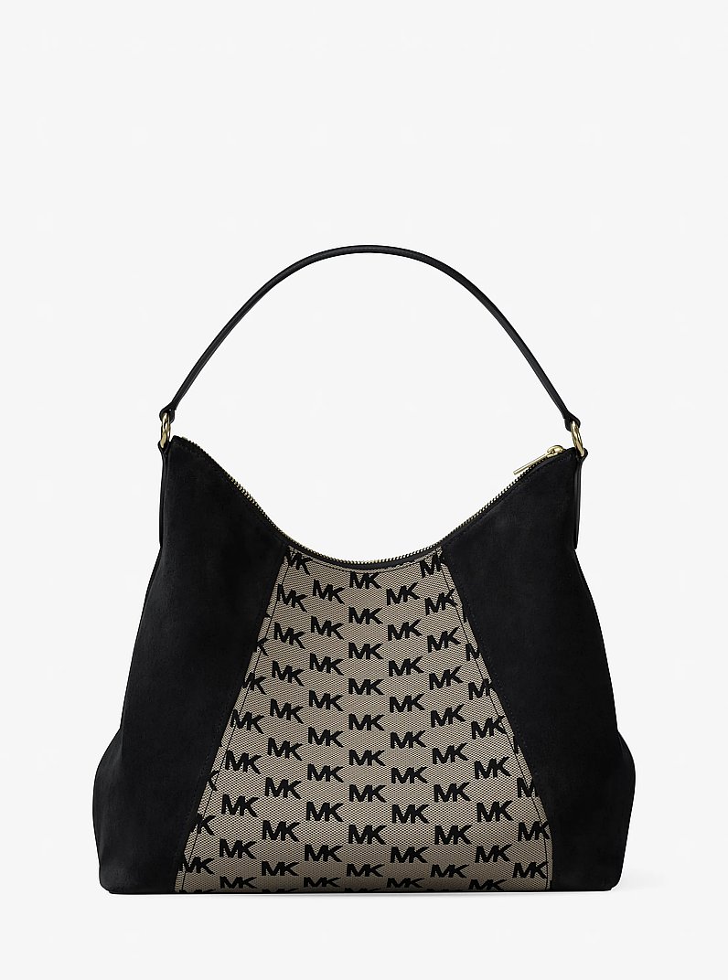 Sienna Large Logo Jacquard and Suede Convertible Shoulder Bag in BLACK | Michael Kors