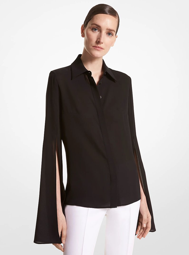 Silk Georgette Slit-Sleeve Shirt in NEGRO | Michael Kors