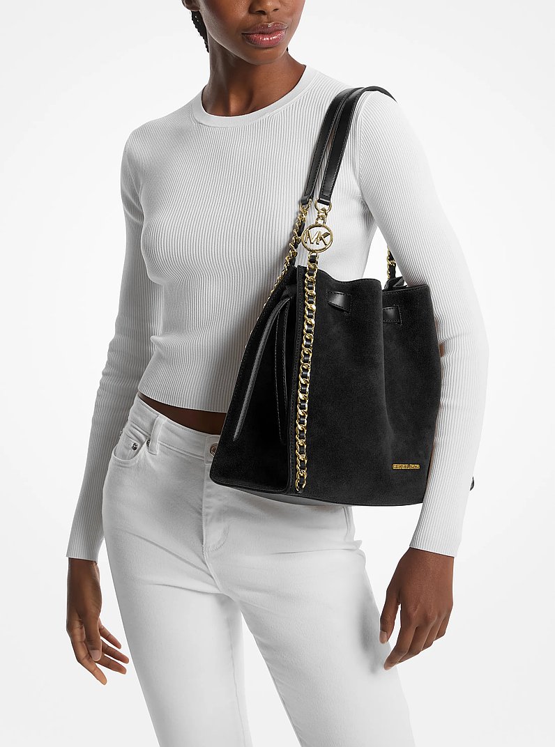 Mina Large Suede Chain Shoulder Bag in POWDER BLUSH - Sale