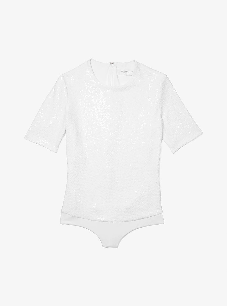 Sequin Stretch Matte Jersey Bodysuit in OPTIC WHITE | Michael Kors