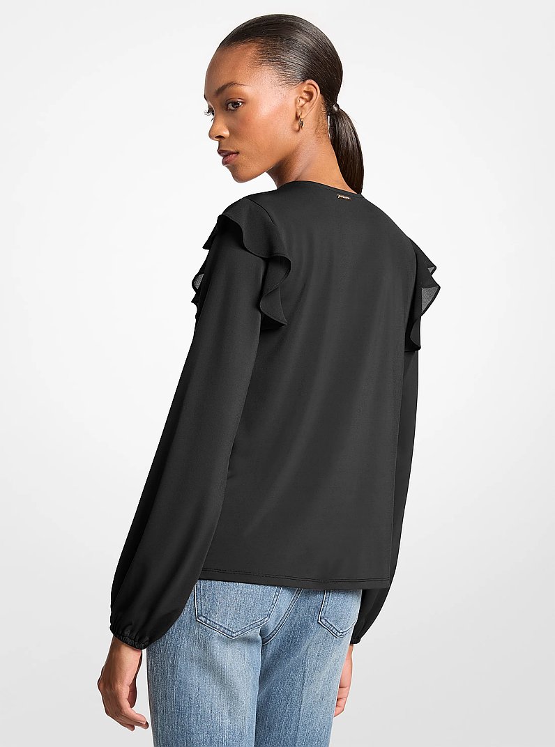 Ruffled Georgette Long-Sleeve Top in BLACK | Michael Kors