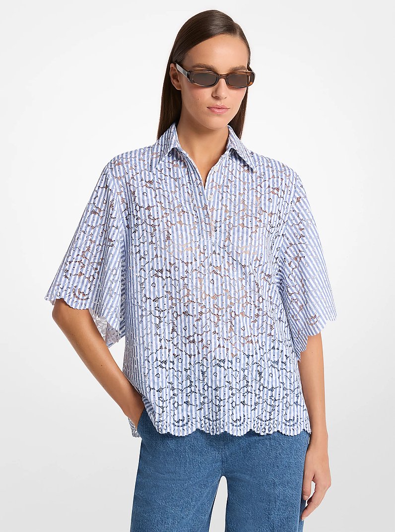 Camisa de encaje floral a rayas in Azul lago/Blanco &oacute;ptico | Michael Kors