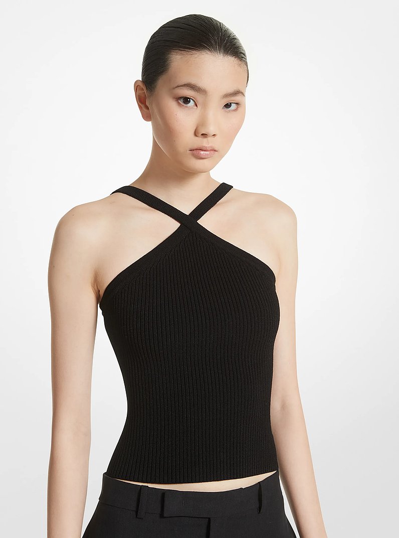 Stretch Viscose Cross-Neck Tank Top in BLACK | Michael Kors