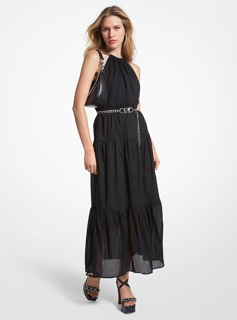 Abito longuette in batista di cotone con scollo a catena in NERO | Michael Kors