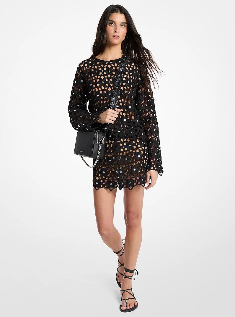 Mirror-Embellished Floral Crochet Skirt in BLACK | Michael Kors