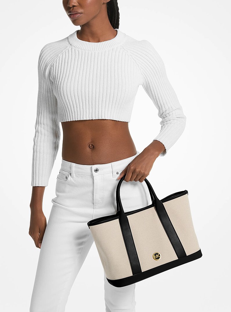 Bolso satchel Luisa mediano de lona de algod&oacute;n in NATURAL/NEGRO | Michael Kors