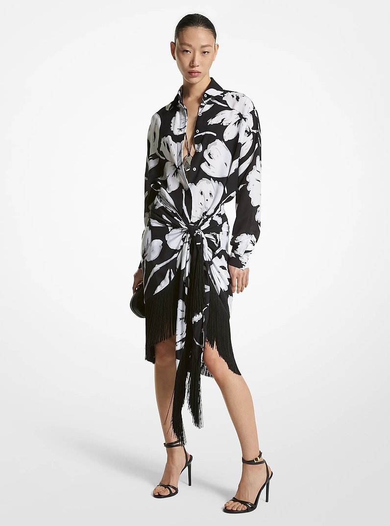 Jupe sarong &agrave; franges en cr&ecirc;pe de Chine de soie fleurie effet coups de pinceau in BLANC/NOIR | Michael Kors