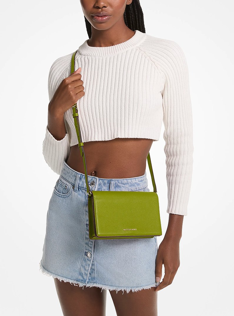 Jet Set Medium Pebbled Leather Front-Flap Crossbody Bag in MEADOW GREEN | Michael Kors