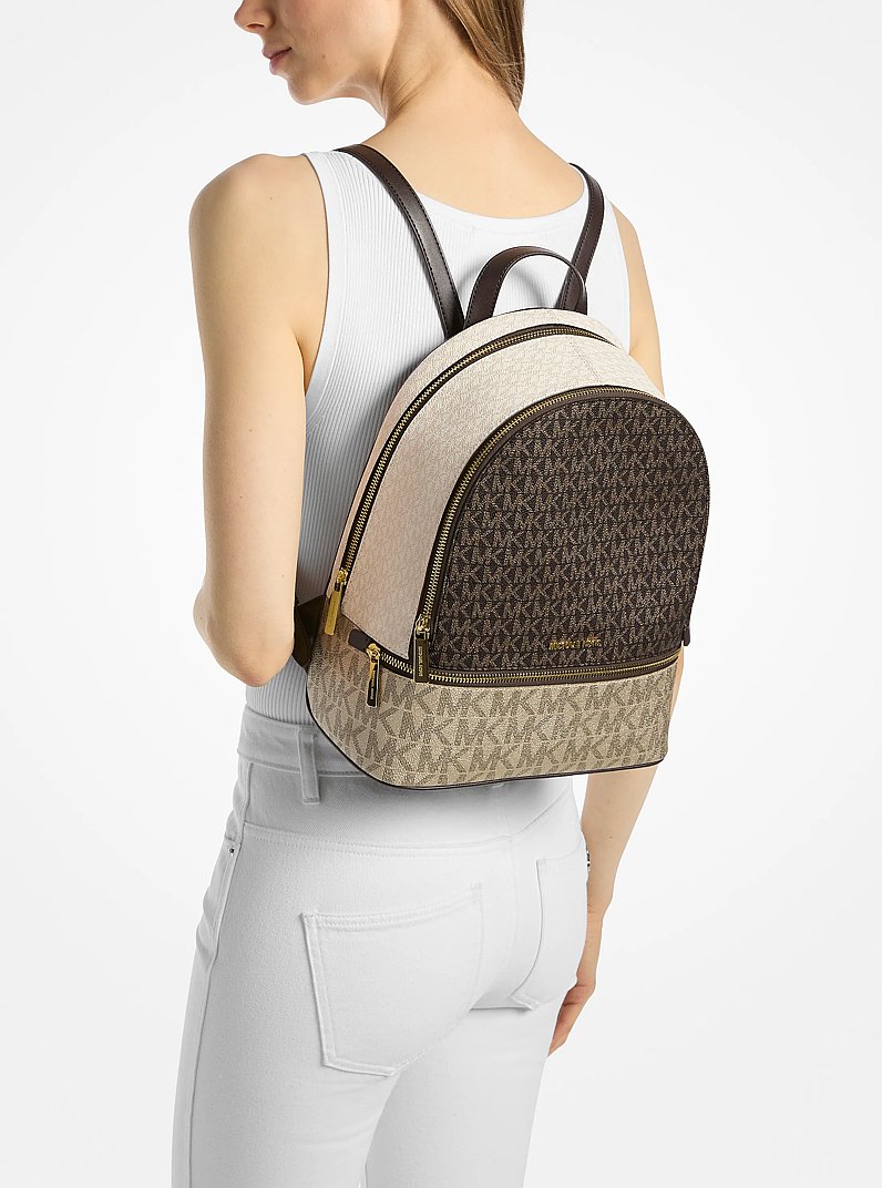 Rhea Medium Metallic Signature Logo Backpack in BROWN | Michael Kors