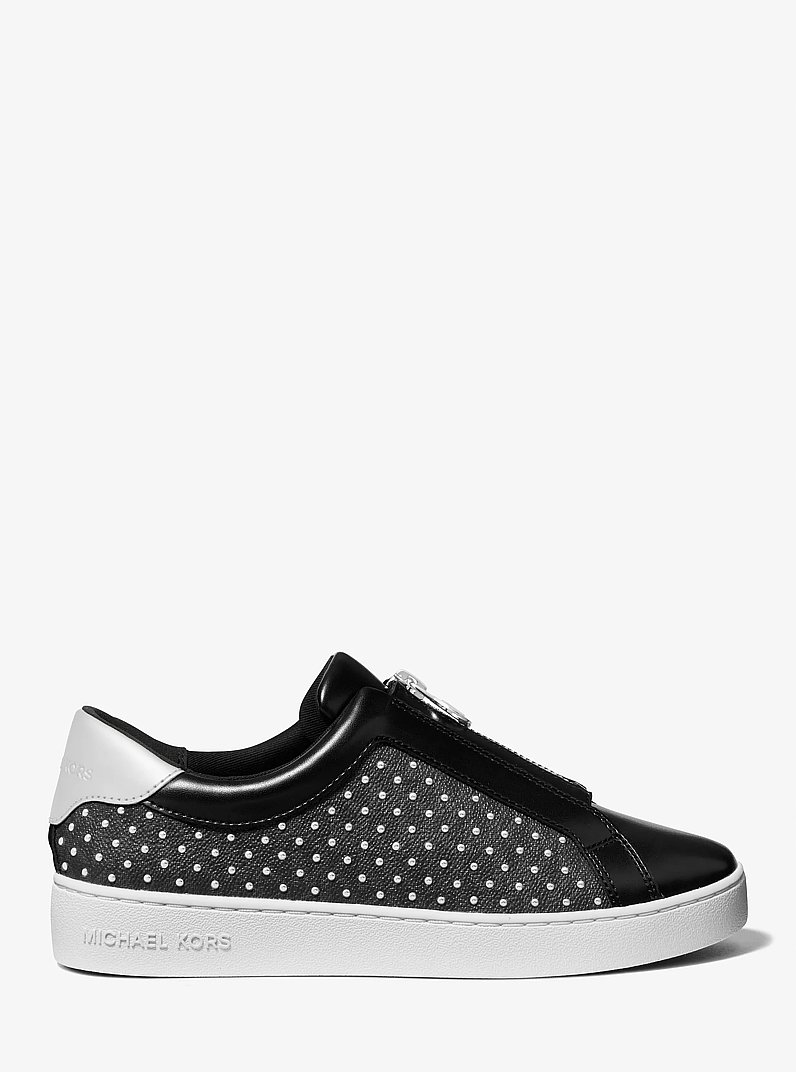 Keaton Embellished Signature Logo Zip-Up Trainer in BLACK | Michael Kors