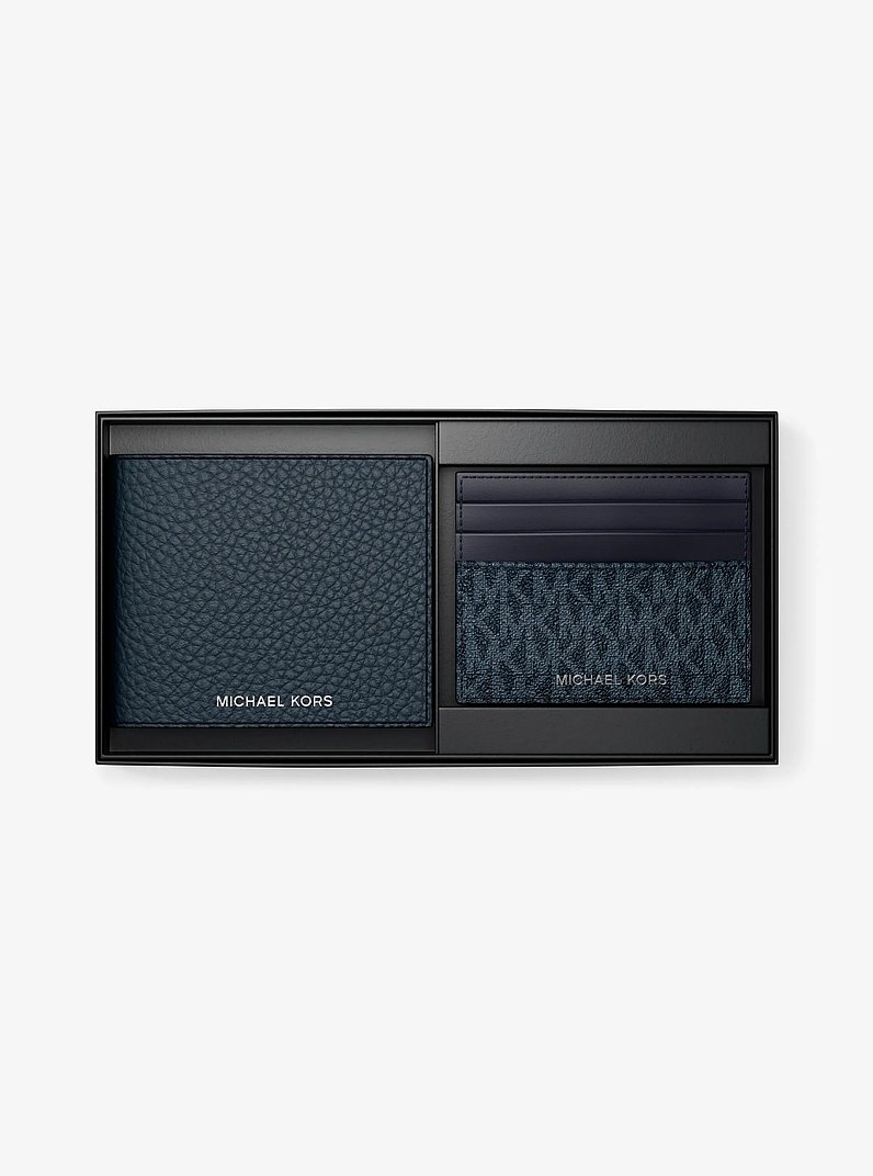 Pebbled Leather Billfold Wallet and Signature Logo Card Case Gift Set in ADMRL/PLBLUE | Michael Kors