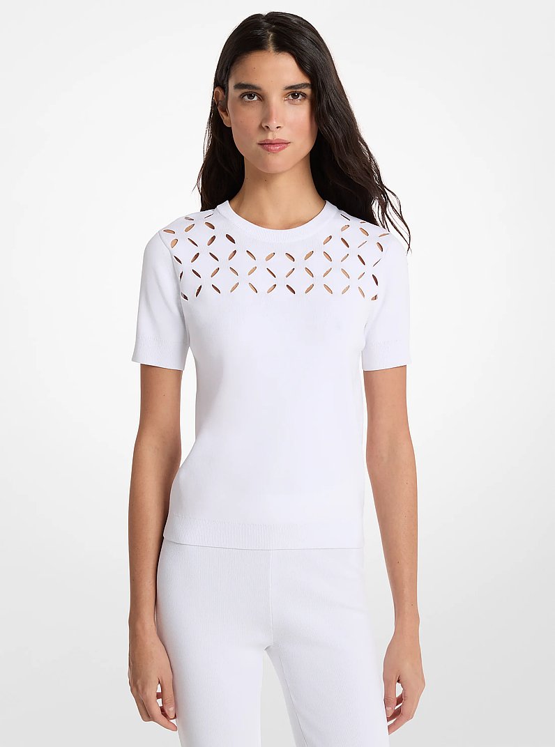 Laser Cut Stretch Knit Top in WHITE | Michael Kors