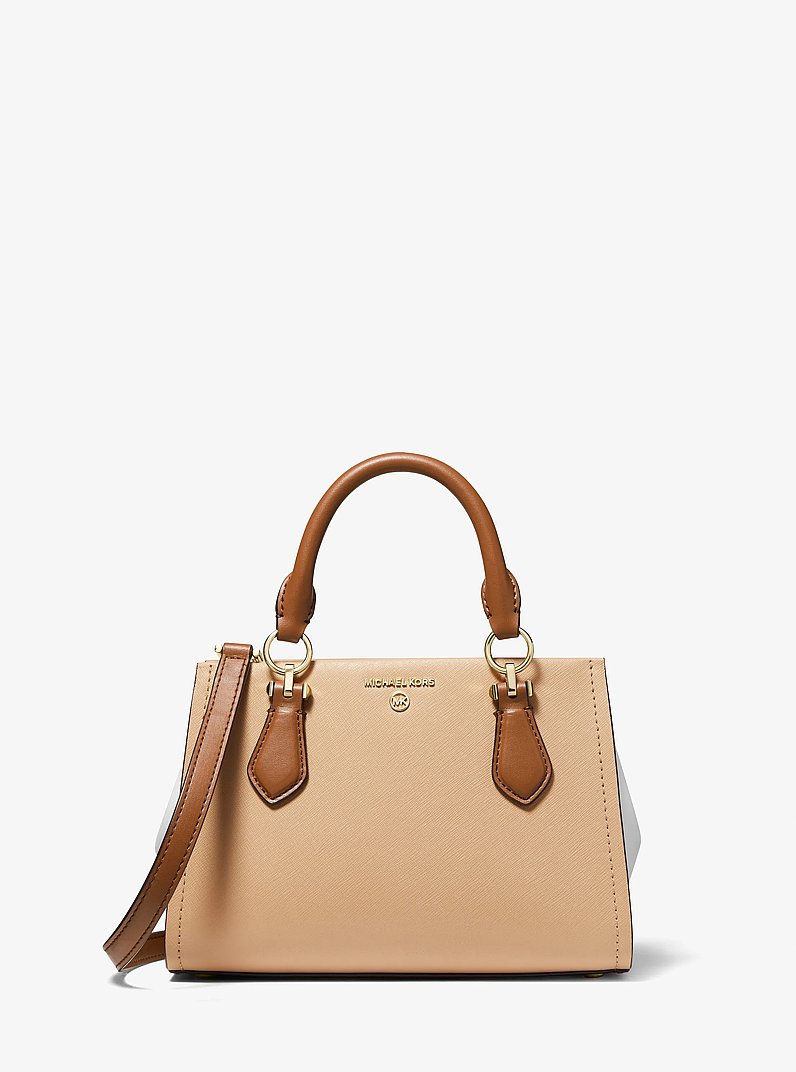 Bandolera Marilyn peque&ntilde;a de piel saffiano con bloque de color in CAMEL COMBINADO | Michael Kors