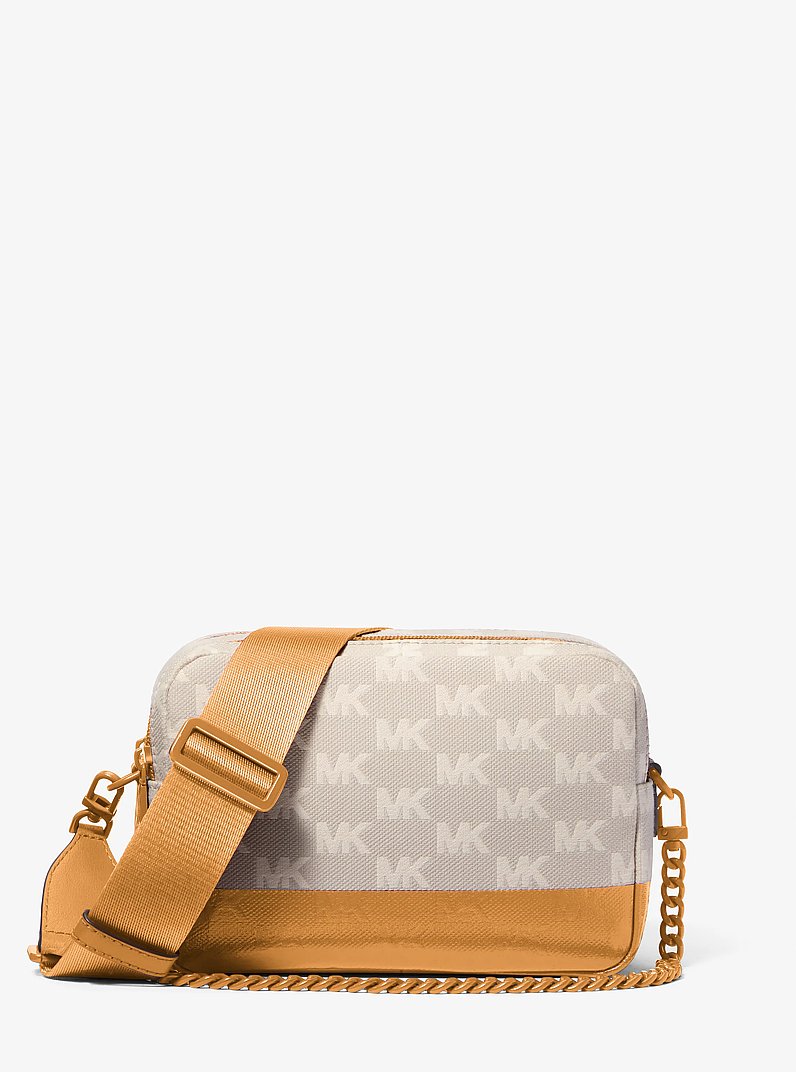 Bryant Medium Two-Tone Logo Jacquard and Leather Camera Crossbody Bag in HONEYWHEAT | Michael Kors
