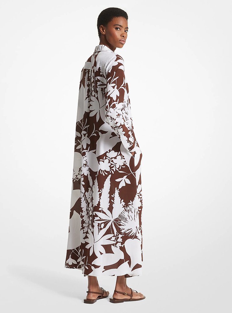 Robe chemise en cr&ecirc;pe de Chine de soie &agrave; motif fleuri en n&eacute;gatif in NUTMEG/OPTIC WHITE | Michael Kors