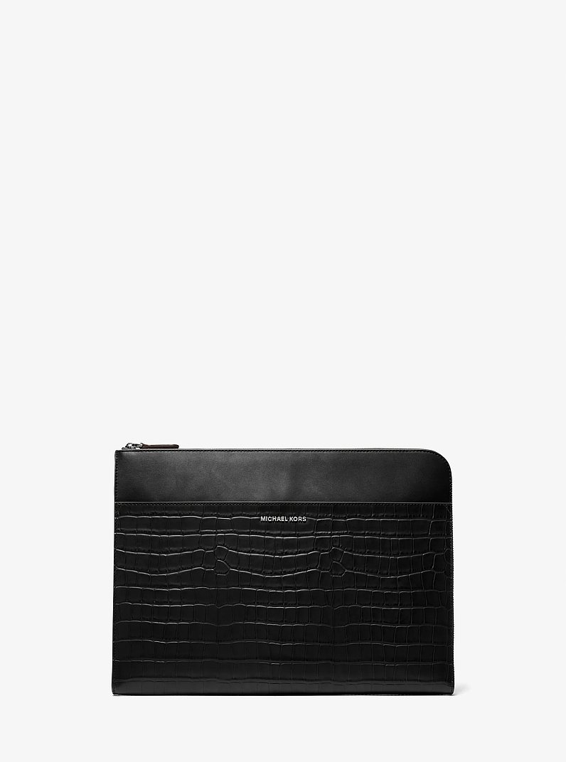 Hudson Crocodile Embossed Leather Laptop Case in BLACK | Michael Kors