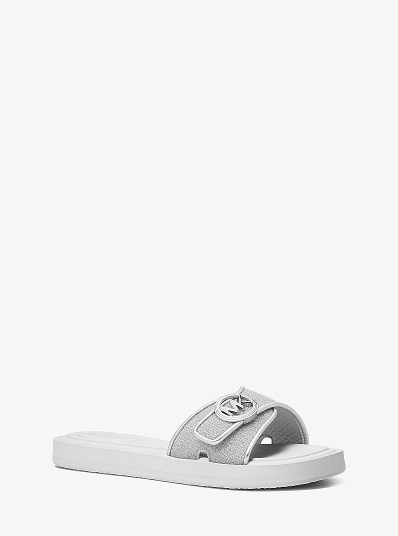 Glitter Chain Mesh Logo Slide Sandal in SILVER | Michael Kors