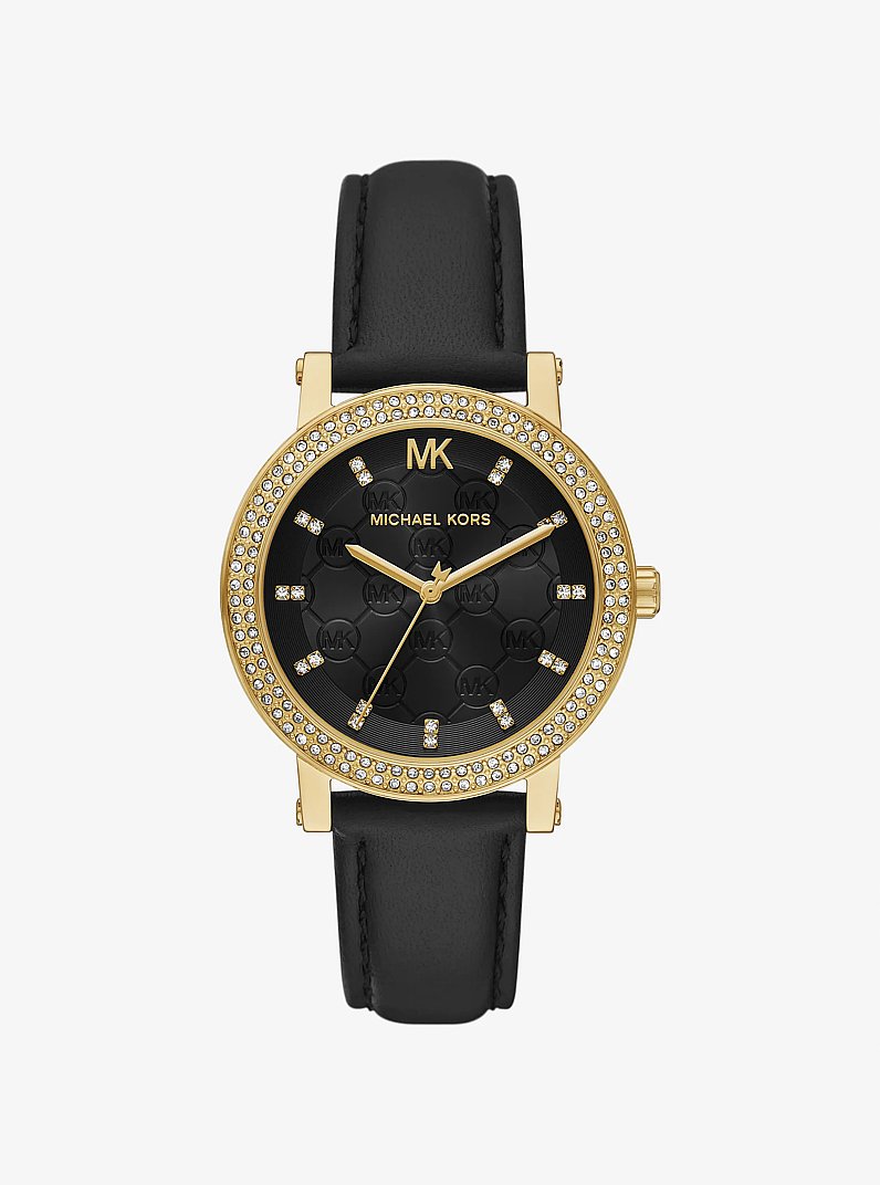 Corey Pav&eacute; Gold-Tone and Leather Watch in BLACK | Michael Kors