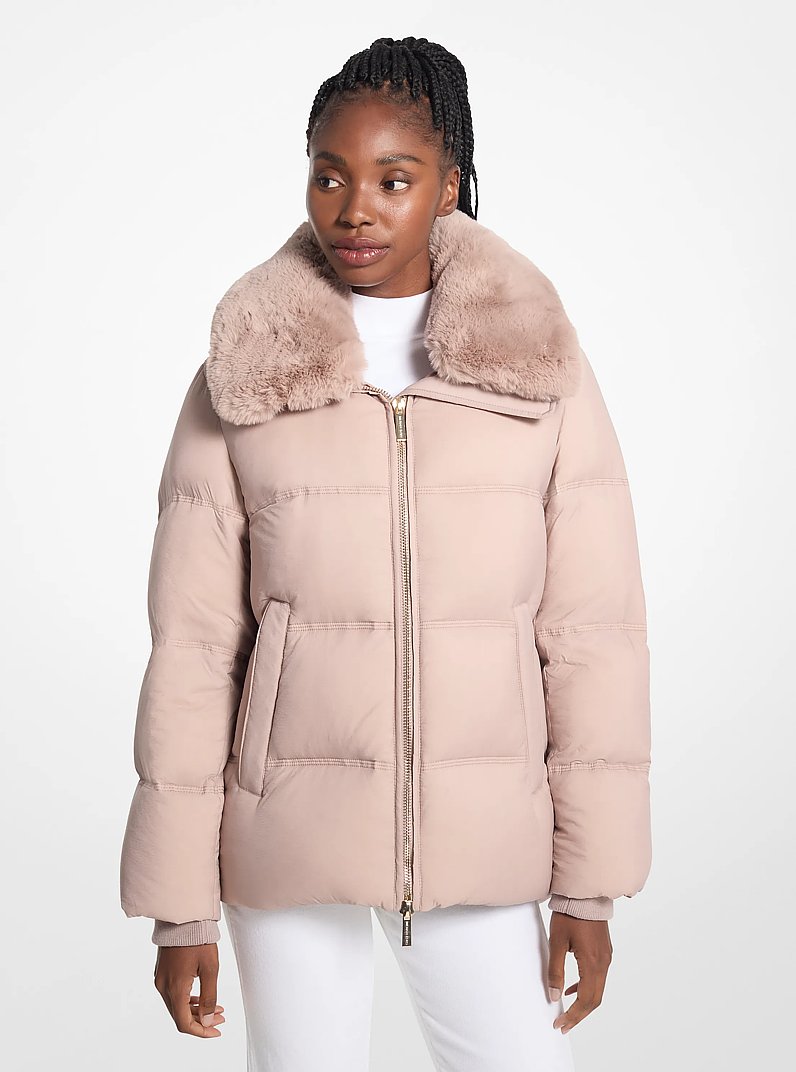Quilted Puffer Jacket With Faux Fur Collar in CHAMPAGNE | Michael Kors