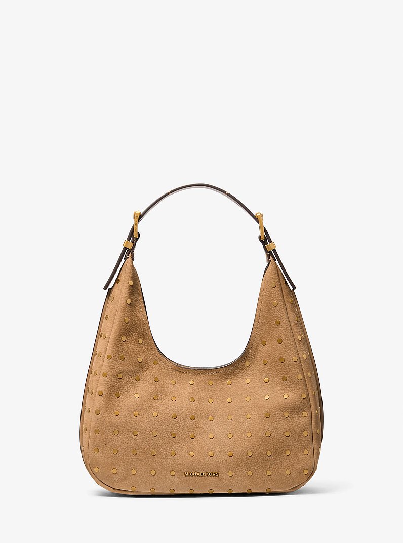 Nolita Small Studded Pebbled Nubuck Hobo Shoulder Bag in HUSK | Michael Kors
