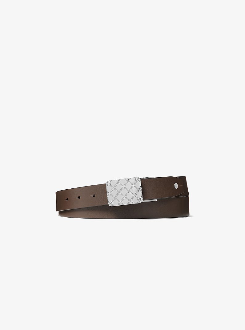 Reversible Empire Logo Embossed Leather Belt in BLACK | Michael Kors