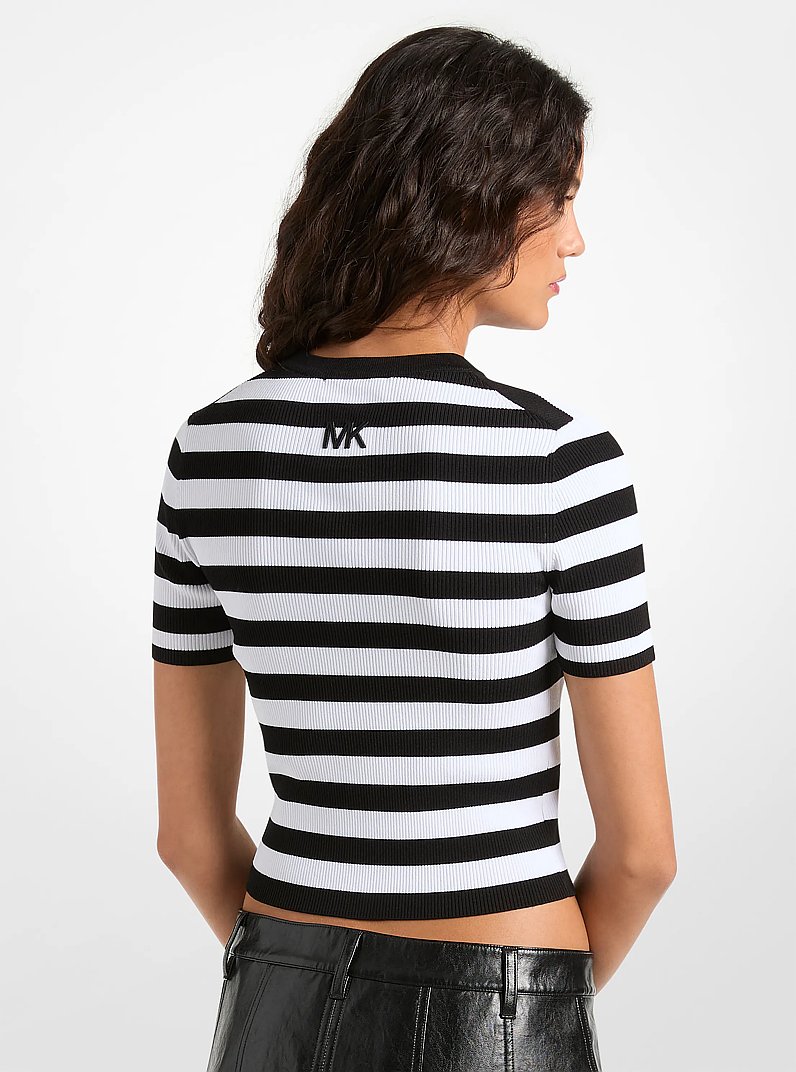 T-shirt in maglia a costine stretch a righe in NERO | Michael Kors