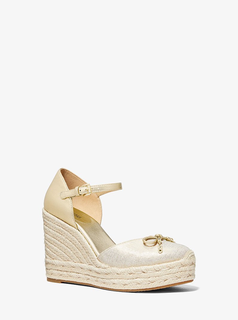 Nori Metallic Leather and Linen Wedge Espadrille