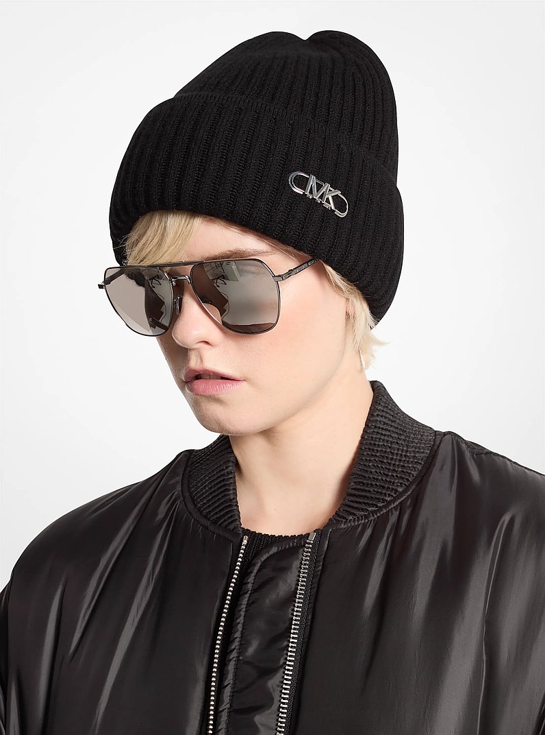 Ribbed Stretch Wool Beanie Hat in BLACK | Michael Kors