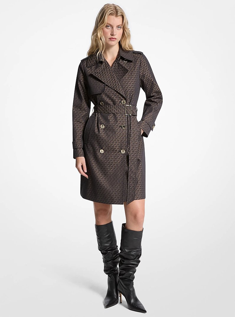 Signature Logo Cotton Blend Belted Trench Coat in BLACK/TAUPE | Michael Kors