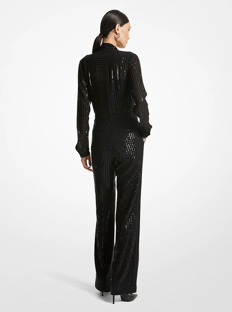 Pinstripe Sequined Georgette Jumpsuit in BLACK | Michael Kors