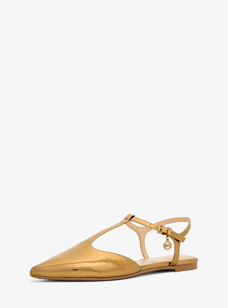 Cherie Snake Embossed Metallic Leather T-Strap Flat in ANTIQUE GOLD | Michael Kors