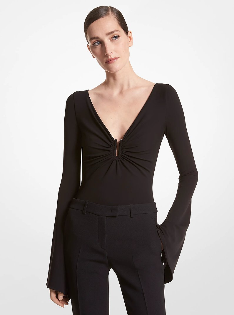Stretch Matte Jersey Bell-Sleeve Bodysuit in BLACK | Michael Kors