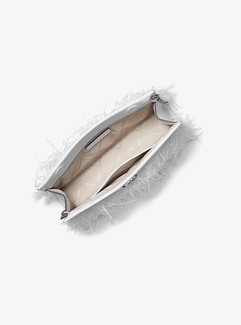 Tabitha Large Feather Embellished Leather Clutch in OPTIC WHITE | Michael Kors