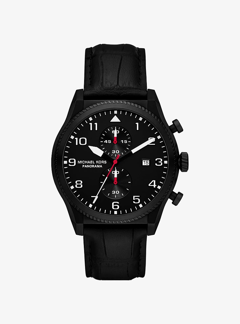 Oversized Panorama Black-Tone and Crocodile Embossed Leather Watch in BLACK | Michael Kors