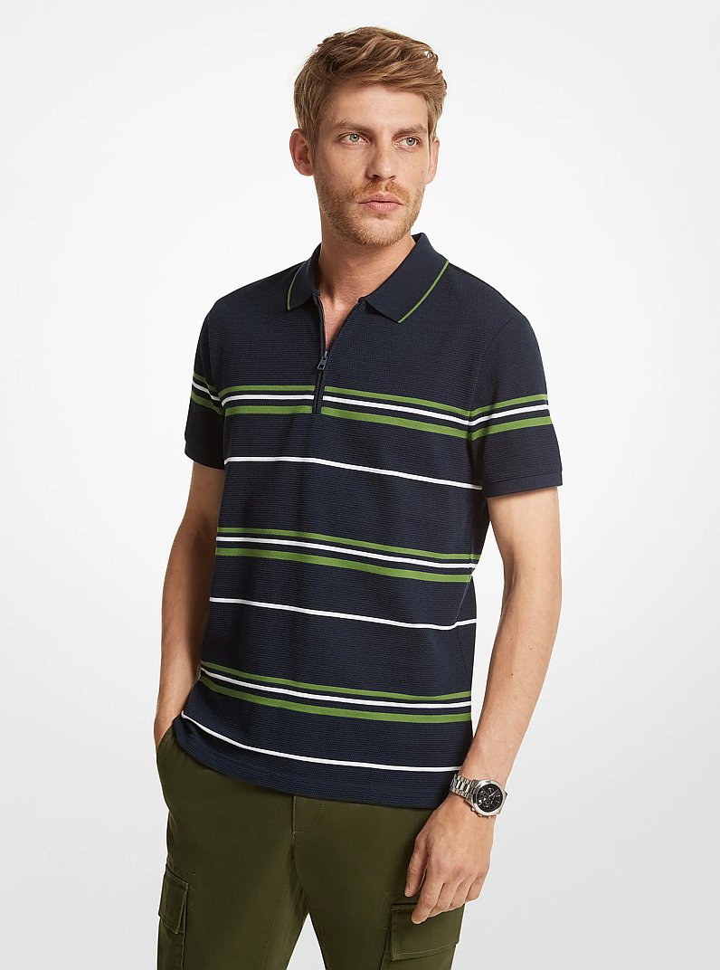 Striped Textured Cotton Blend Polo Shirt