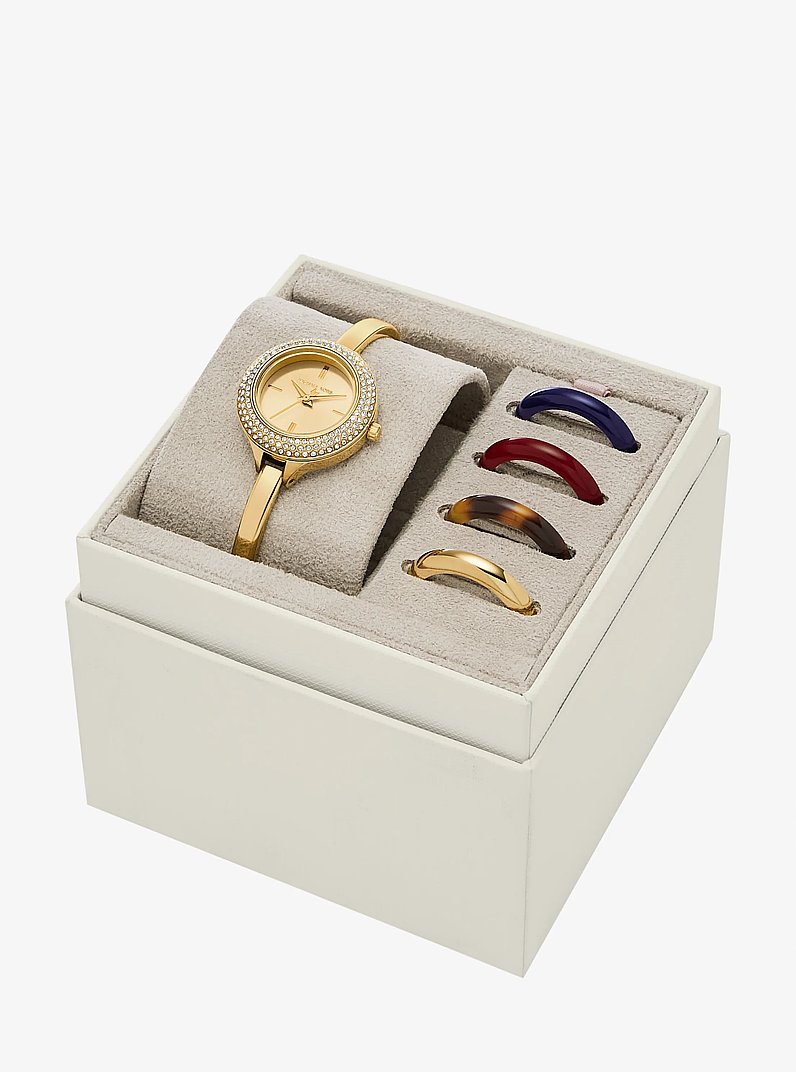 Mini Izzy Pav&eacute; Gold-Tone Watch and Interchangeable Bezel Set in GOLD | Michael Kors
