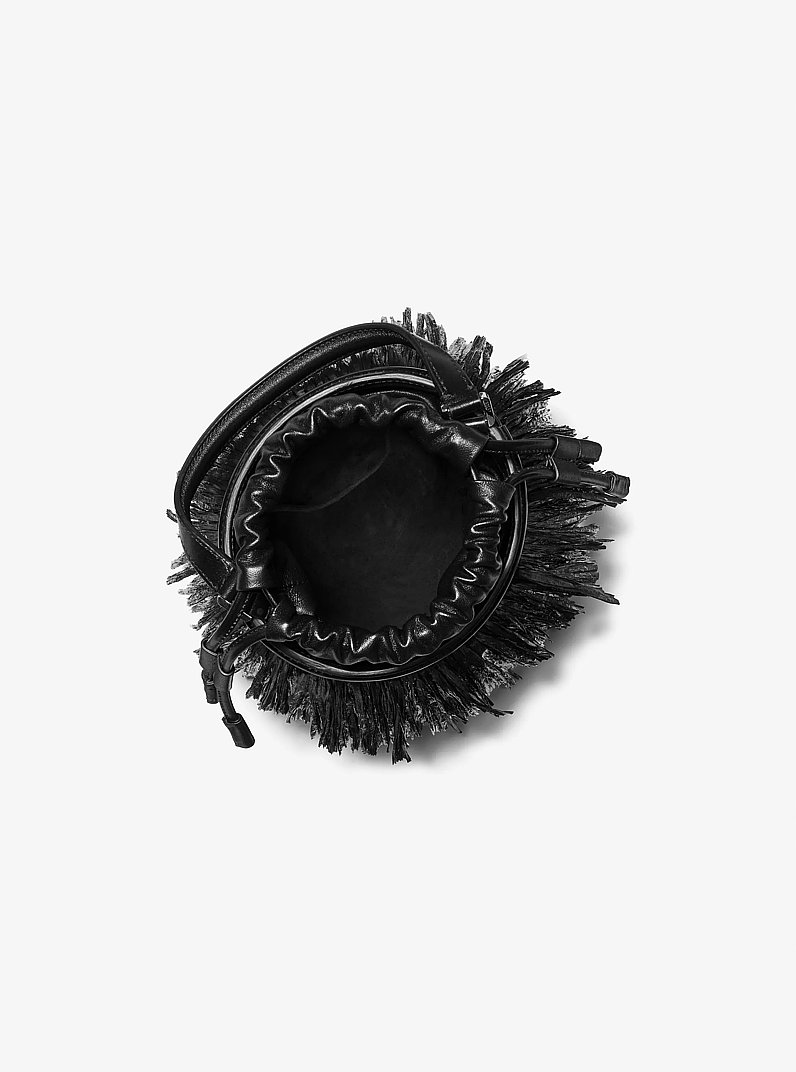 Ischia Mini Leather and Fringe Bucket Bag in BLACK | Michael Kors